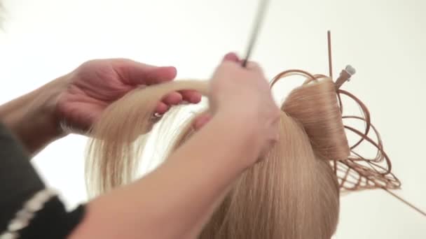 Cabello recogido. Peinado para cabello largo y blanco. Blanco. De cerca. — Vídeos de Stock