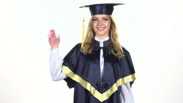 Graduate waving. White. Slow motion — Stock Video