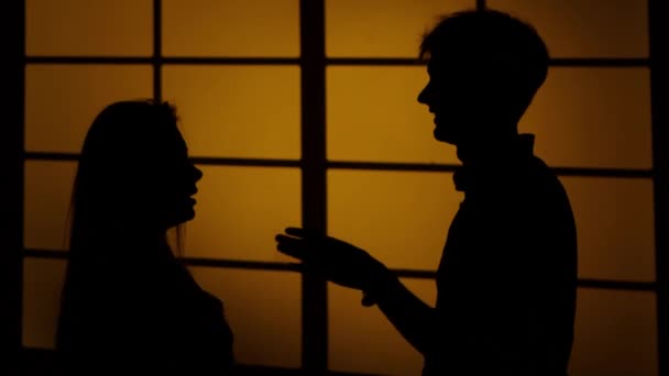 Couple se battant à la maison. Relations avec les querelles. Silhouette. Gros plan — Video