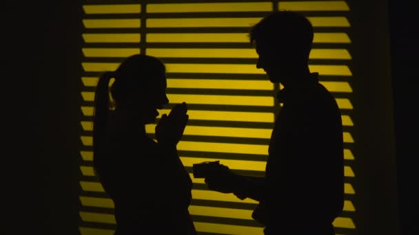 L'uomo fa un regalo a una donna e riceve un bacio. Silhouette. Al rallentatore. Da vicino. — Video Stock