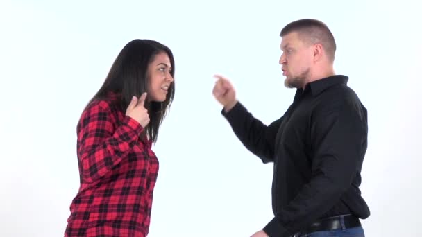 Couple very emotional quarrel isolated on white background. Slow motion — Stock Video