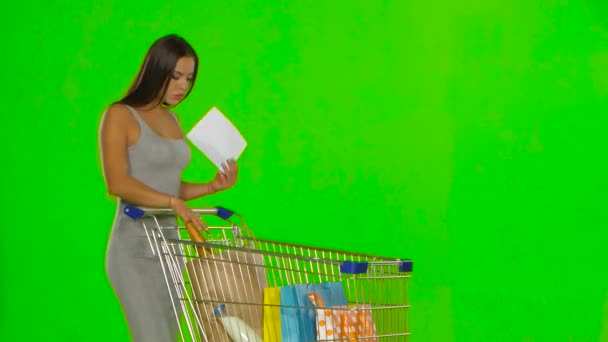 A mulher verifica a lista de compras. Tela verde — Vídeo de Stock