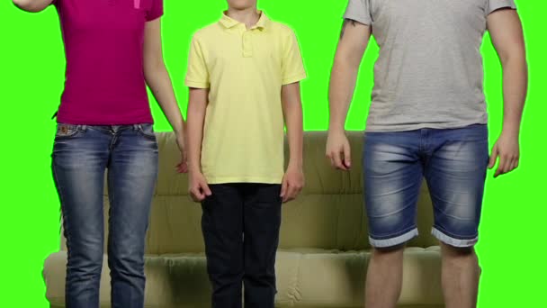 Familie mit Virtual-Reality-Brille auf dem Sofa sitzend. Green Screen. Zeitlupe — Stockvideo