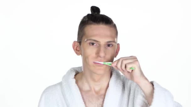 Man brushing his teeth. Isolated on the white background — Stock Video