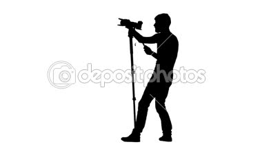 Bir tripod üzerinde kamera kayıt yapılması. Siluet. Beyaz arka plan