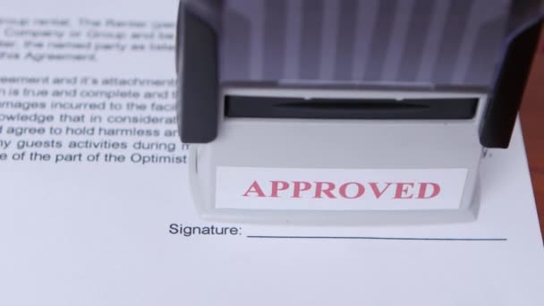 Girl approves a document for collaboration and puts a stamp. Close up — Stock Video