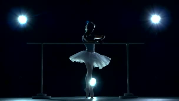 Dançarina de balé em tutu branco em uma perna no ballet barre em um azul — Vídeo de Stock