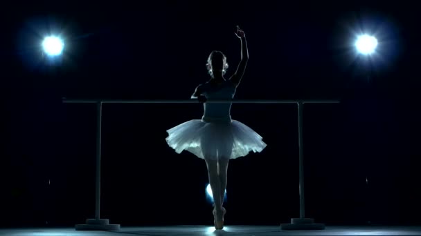 Bailarina de ballet clásica en tutú blanco posando en una pierna al lado de la barra de mango — Vídeos de Stock