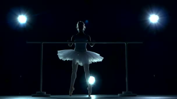 Ballerina står nära en trävägg på pointe — Stockvideo