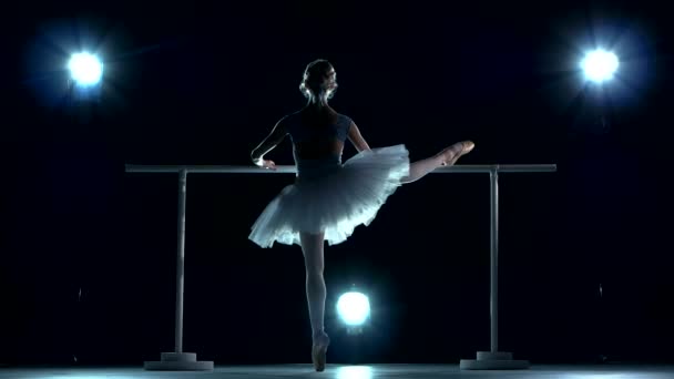 Bailarina haciendo un entrenamiento en el aula cerca de la barra — Vídeo de stock