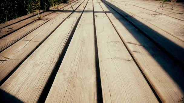 歩いて川に建設中の木造葦。ドリー。クローズ アップ — ストック動画