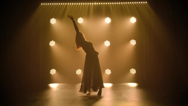 Sylwetka pełna wdzięku artystka wykonująca ekspresyjne elementy taneczne współczesnej choreografii kontemplacyjnej o zmierzchu. Zwolniony ruch. — Wideo stockowe