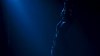 Çekici bir dansçının ince bir silueti duygusal olarak modern düşünce koreografisini icra ediyor. Koyu dumanlı stüdyoda arka planda mavi ışıklarla dans eden genç bir kadın. Kapatın. Yavaş çekim.