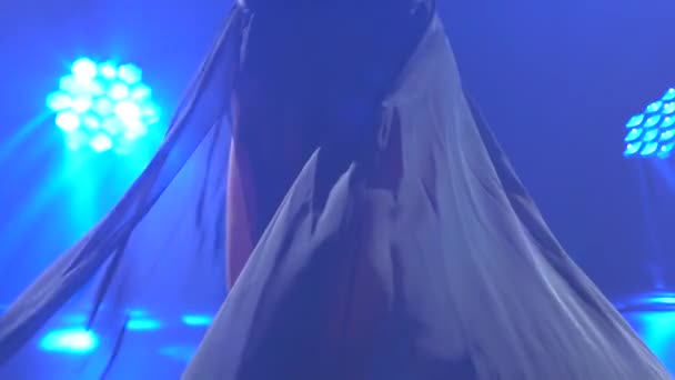 Een vrouwelijke danser in een zwart lichaam en rok danst minachtend in de studio duisternis. Een vrouw wervelt in een sensuele dans tegen een achtergrond van blauw licht en rook. Langzame beweging. Sluiten.. — Stockvideo