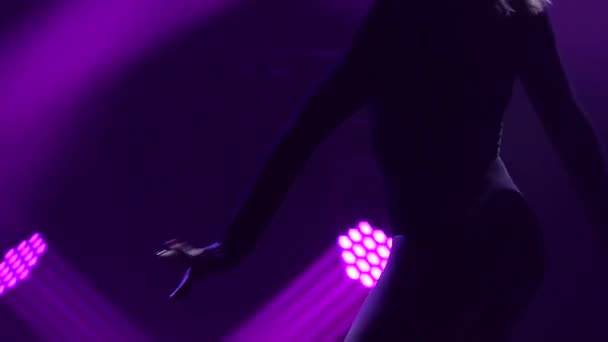 Молодая гибкая женщина танцует созерцание в черном купальнике. Современная романтическая хореография на черном фоне с прожекторами в дымчатой студии. Силуэт танцовщицы туловища близко. Медленное движение — стоковое видео