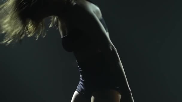 Delicate hedendaagse choreografie van een flexibele sexy vrouw die in het donker danst tegen een rokerige studio-achtergrond. Silhouet van een torso van dichtbij. Langzame beweging. — Stockvideo