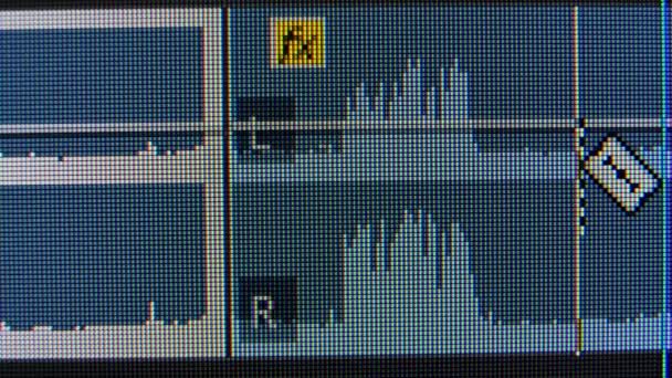 コンピューター画面上のオーディオ編集波。コンピュータグラフィックモニターの赤、青、緑の光る結晶とグラフィックパターンを持つマクロ液晶構造IPSマトリックス. — ストック動画