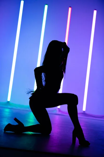 Silhouette scura di una donna con i tacchi alti in posa mentre seduta in una bella posa sexy in studio sullo sfondo di lampade al neon. — Foto Stock