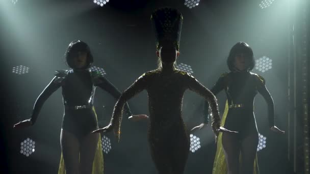 这位女演员打扮成古埃及女王，与两个女人在一间黑暗的演播室里跳舞。背景烟雾弥漫，背光昏暗的纤细女性的轮廓。靠近点. — 图库视频影像