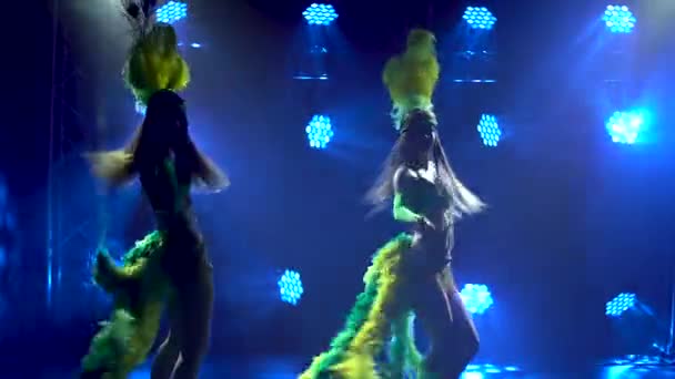 Siluetas de bailarinas en trajes de carnaval reveladores y tocados con plumas bailando en un estudio oscuro con luces azules. Lujoso espectáculo de danza teatral. De cerca.. — Vídeo de stock