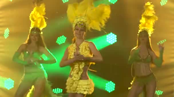 Een trio vurige vrouwelijke dansers dansen in Braziliaanse carnavalskostuums met veren. Theatrale vrouwelijke dansshow met dynamische neon lichten. Sluiten.. — Stockvideo