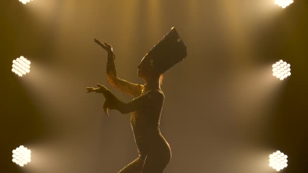 Silhouet van een jonge vrouw in kostuum en een hoofdtooi van Cleopatra of Nefertiti dansend in een donkere studio. Theatrale voorstelling op een rokerige achtergrond met studioflitsers. Sluiten.. — Stockvideo