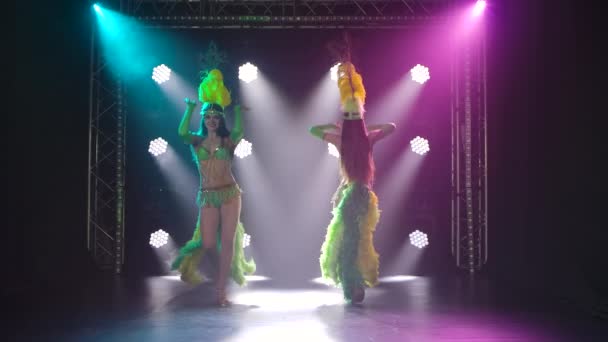 Молодые привлекательные женщины в экзотическом костюме с перьями на голове танцуют. Два танцора в карнавальных костюмах движутся в замедленной съемке на фоне ярких огней в студии. — стоковое видео