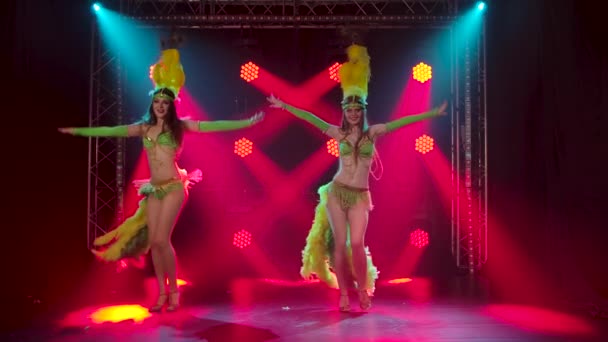 Twee gepassioneerde jonge vrouwen die sambamuziek dansen op een carnavalsfeest. Dansers in traditionele kostuums en veren hoofddeksels treden op in de studio met rode lichten op de achtergrond. Langzame beweging. — Stockvideo