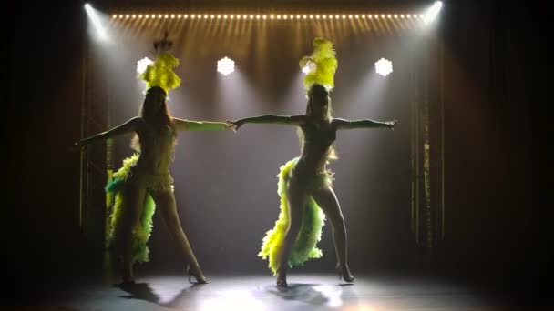 Silhouette de jeunes femmes séduisantes en costume exotique avec des plumes sur la tête danse. Deux danseurs en costumes de carnaval se déplacent au ralenti sur fond de lumières vives dans le studio. — Video