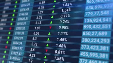 Borsa verilerinin bir ızgara üzerinde işlenip işlenmesinin animasyonu. İstatistikli dijital ekran, satış sayısı, yüzde, büyüme ve düşüş. Soyut mali geçmiş.