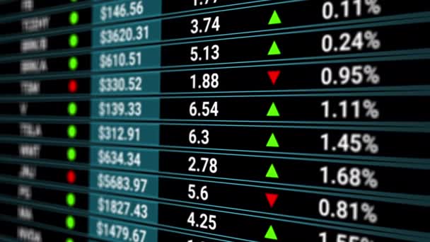 Digitaler Bildschirm des Aktienmarktes mit aktualisierenden Statistiken, Anzahl der Verkäufe, Prozentsatz, Wachstum, Rückgang. Abstrakter finanzieller Hintergrund, Wirtschaftsbericht, Prognose. — Stockvideo