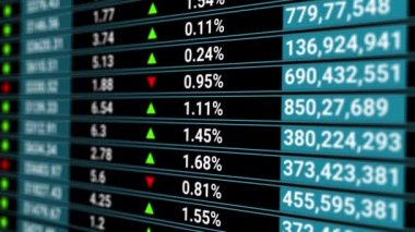 Güncelleme istatistikleri, satış sayısı, yüzde, büyüme, düşüş gösteren dijital borsa ekranı. Soyut mali geçmiş, ekonomik rapor, tahmin.