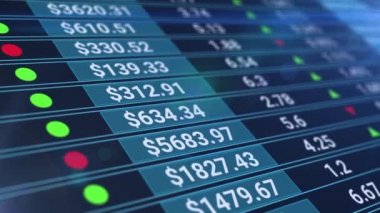 Borsa saatleri. İstatistikli dijital ekran, satış sayısı, yüzde, büyüme ve düşüş. Soyut mali geçmiş.