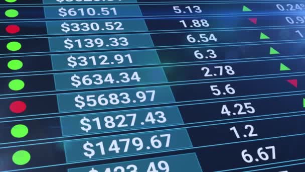 Animation des données boursières roulant et traitant sur une grille. Ecran numérique avec statistiques, nombre de ventes, pourcentage, croissance et déclin. Contexte financier abstrait. — Video