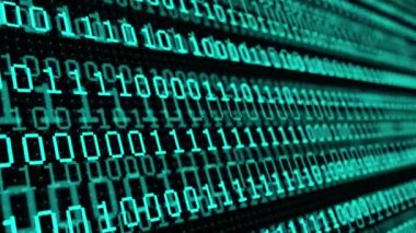 Teknik çevre programlama, gelecekte ikili kod. Modern teknoloji hex kod kavramı. Dijital soyut bir arkaplanın üç boyutlu canlandırması. Kripto para birimi ve bitcoin kavramı.