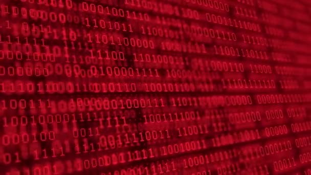 画面上で赤い数字が動くバイナリコードの行列の背景。アルゴリズムバイナリ、データコード、復号化とエンコーディング、行行列の抽象的背景. — ストック動画