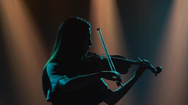 Σκούρα σιλουέτα μιας γυναίκας που παίζει βιολί. Μια γυναίκα μουσικός παίζει με φόντο ένα σκοτεινό στούντιο με καπνό και σκηνοθετημένα φώτα. Κλείσε.. — Αρχείο Βίντεο
