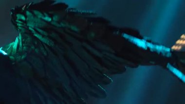 Yunan tanrıçası Artemis 'in bir tiyatro gösterisi. Dumanlı mavi arka planda dans eden bir kadının silueti. Kapat..