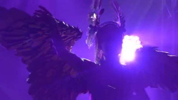 Η σιλουέτα μιας χορεύτριας με φτερά στην πλάτη. Ελληνίδα θεά Άρτεμις σε θεατρική παράσταση φωνητικού χορού με μωβ νέον φώτα. Κλείσε.. — Αρχείο Βίντεο
