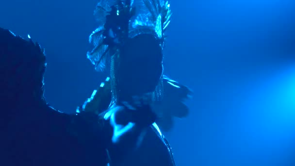 Η σιλουέτα μιας χορεύτριας με φτερά στην πλάτη. Ελληνίδα θεά Άρτεμις σε θεατρική παράσταση φωνητικού χορού με μπλε φώτα νέον. Κλείσε.. — Αρχείο Βίντεο