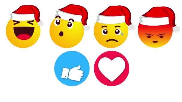 Collection of Social network likes emoji in santa claus christmas hats, reactions and increasing counter on alpha channel. — Stock Video