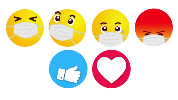 Samling av sosiale nettverk liker emoji i beskyttende medisinske masker. Reaksjoner og økende antall telleren på alfa-kanalen. – stockvideo