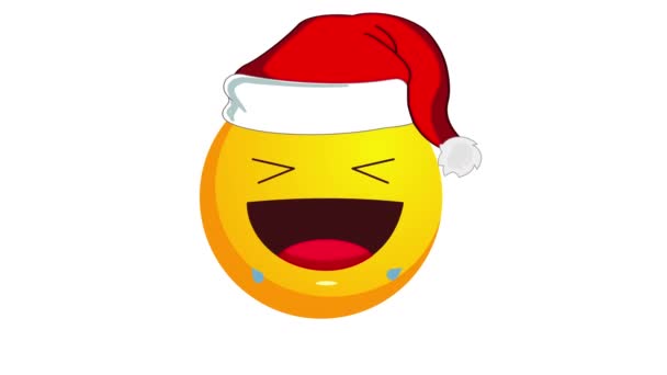 Animation af en grædende med latter gul emoji i santa claus jul hat isoleret på hvid baggrund. Positive følelser koncept. Vinterferie humørikon. Alfa kanal. – Stock-video