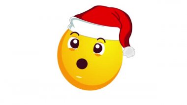 Beyaz arka planda izole edilmiş, Noel Baba Noel Baba şapkalı, korkmuş sarı bir emojinin animasyonu. Olumsuz duygular konsepti. Kış tatili simgesi. Alfa kanalı.