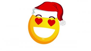 Beyaz arka planda izole edilmiş Noel Baba 'nın Noel Baba şapkasıyla sevilen ve gülümseyen geniş sarı bir emojinin animasyonu. Pozitif duygu kavramı. Kış tatili simgesi. Alfa kanalı.