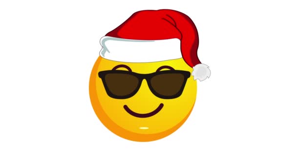 Animation eines grinsenden gelben Emojis mit schwarzer Sonnenbrille und Weihnachtsmann-Weihnachtsmütze auf weißem Hintergrund. Positive Emotionen. Winterurlaub Emoticon. Alpha-Kanal. — Stockvideo