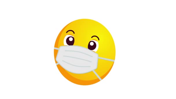 白い背景に隔離された保護医療用マスクで不思議、怖がって黄色の絵文字のアニメーション。コロナウイルスの発生防止コンセプト。アルファチャンネル. — ストック動画