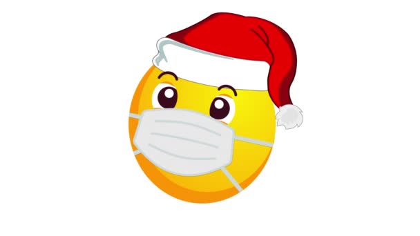 Animación de un emoji amarillo maravillado y asustado en el sombrero de Navidad de Santa Claus y máscara médica protectora aislada sobre fondo blanco. Canal alfa. — Vídeo de stock