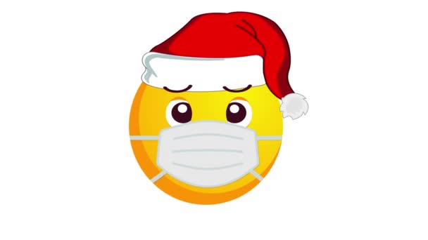 Animation eines weinenden, unglücklichen gelben Emojis in Weihnachtsmannmütze und medizinischer Schutzmaske isoliert auf weißem Hintergrund. Alpha-Kanal. — Stockvideo