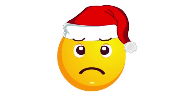 Animation eines weinenden, unglücklichen gelben Emojis in Weihnachtsmannmütze isoliert auf weißem Hintergrund. Negative Emotionen. Winterurlaub Emoticon. Alpha-Kanal. — Stockvideo